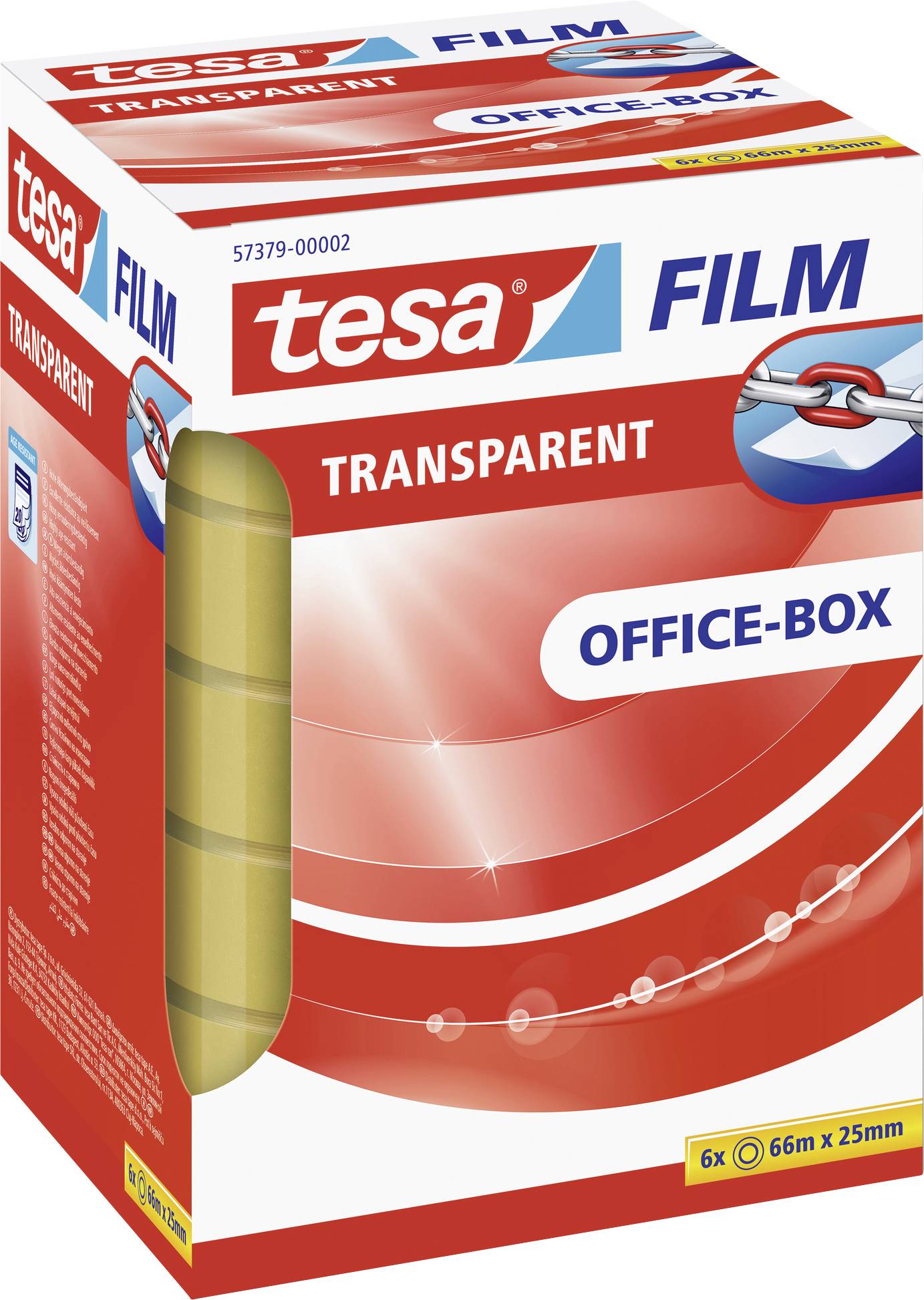 Die Abbildung zeigt eine rote und blaue Verpackung mit der Aufschrift 'tesa FILM TRANSPARENT OFFICE-BOX'. Enthält 6 Rollen durchsichtiges Klebeband.