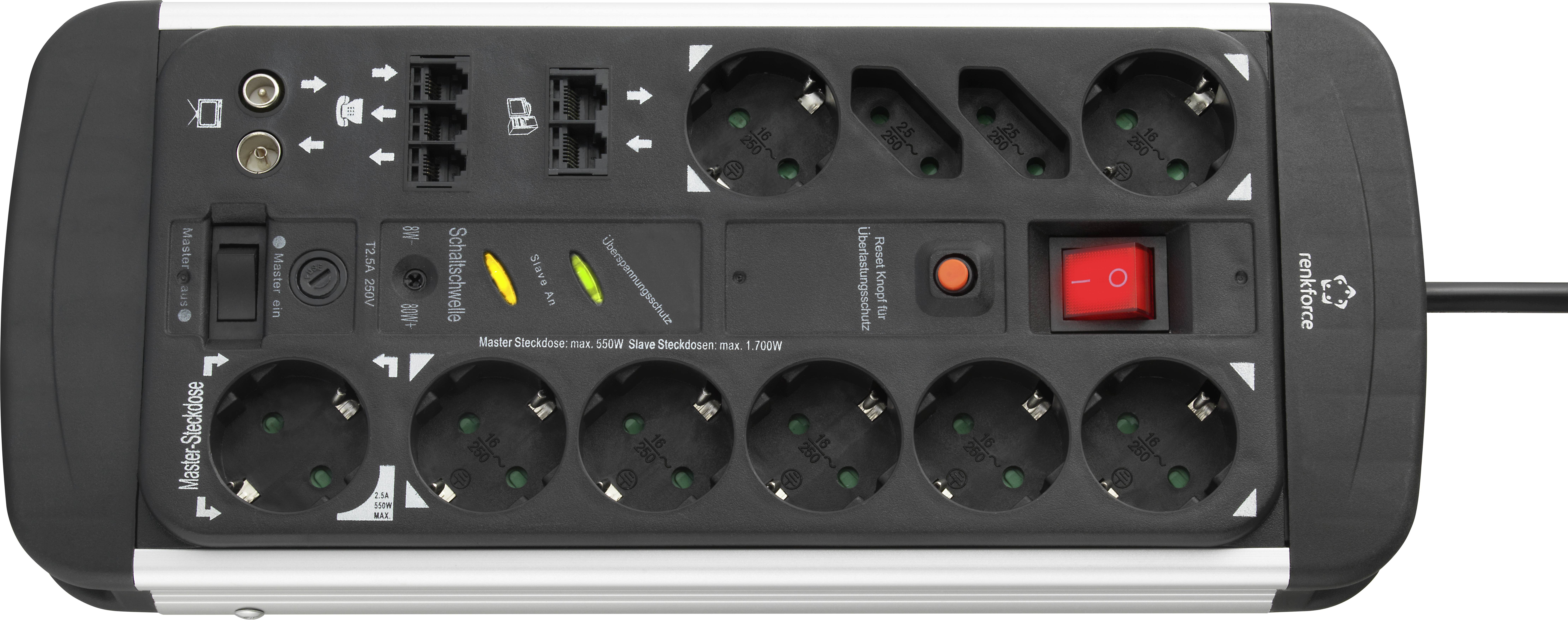 Steckerleiste mit acht Steckdosen und zwei USB-Anschlüssen, Ein/Aus-Schalter und LEDs für Überspannungsschutzstatus.