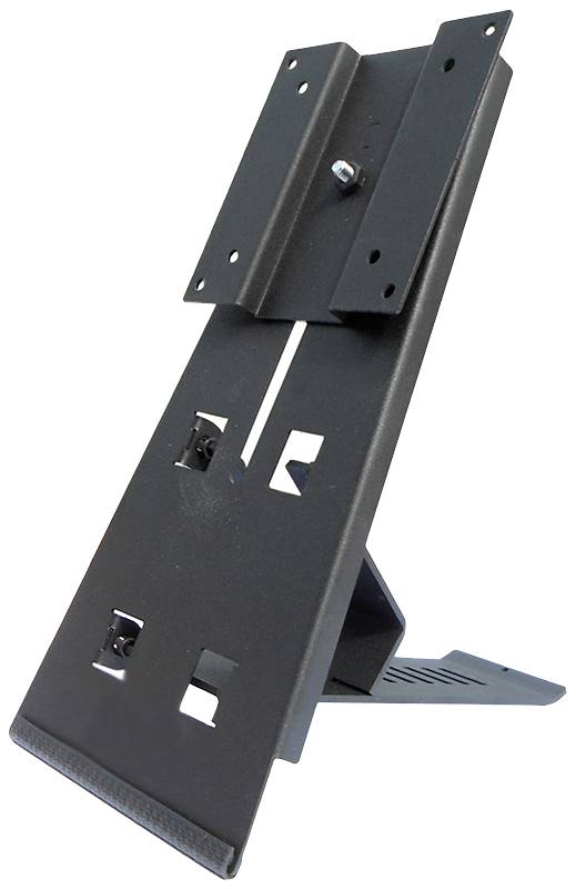 Schwarzer TV-Ständer mit rechteckiger Basis und Neigungseinstellung, geeignet zur Montage von Bildschirmen an der Wand.