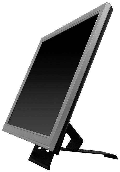 Ein schwarzer Computermonitor mit silbernem Rahmen steht im Profil auf einem schrägen Standfuß.