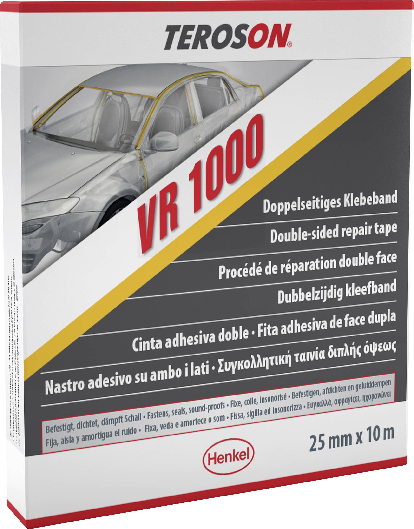 Paket Teroson VR 1000 doppelseitiges Reparaturklebeband, mit Autografik und mehrsprachigem Produkttext, 25 mm x 10 m.