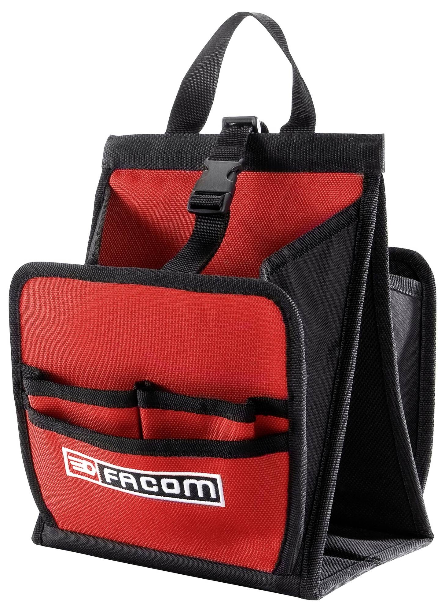 Roter und schwarzer Werkzeughalter mit mehreren Taschen und einem Tragegriff. Auf der Vorderseite steht 'Facom'.