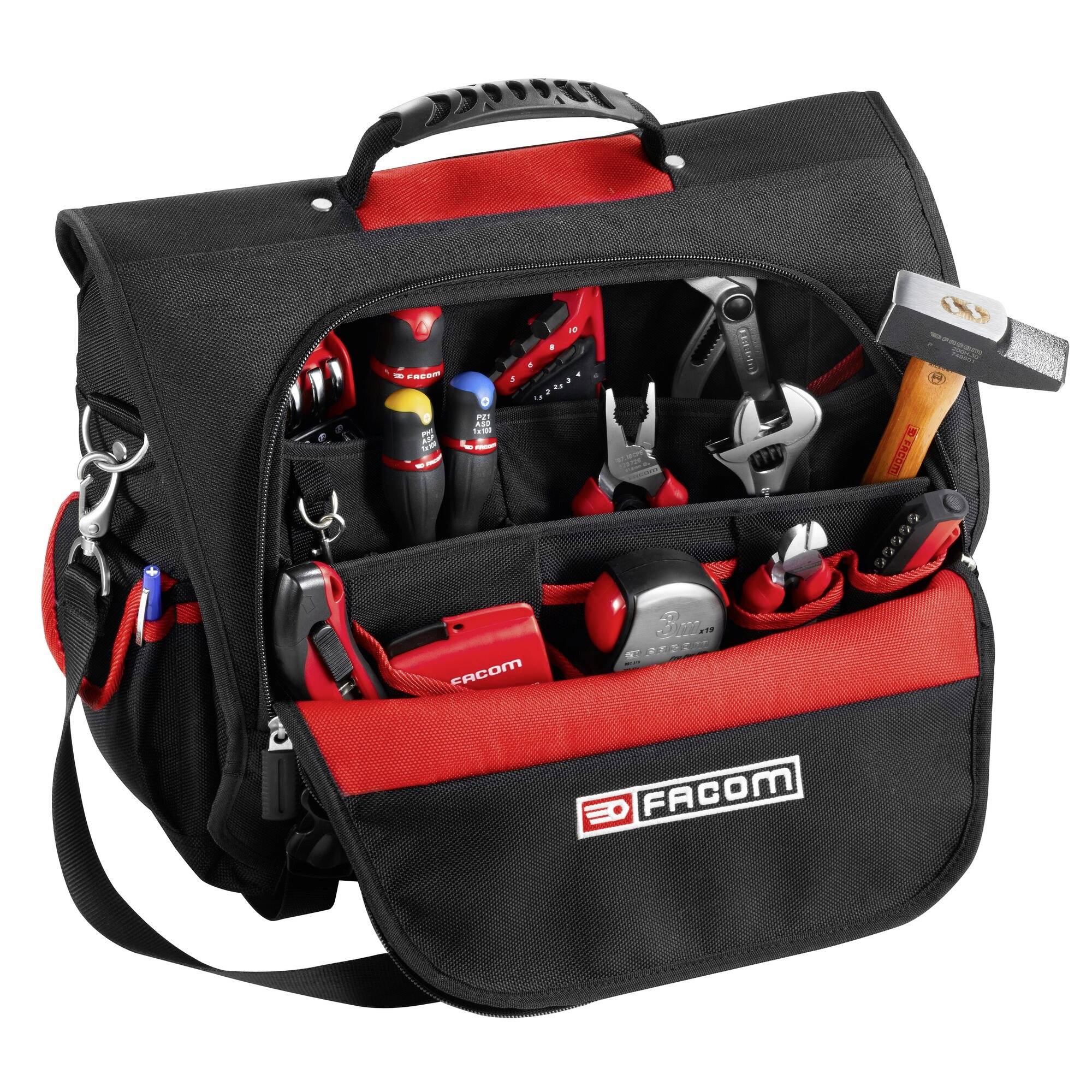 Eine geöffnete Werkzeugtasche mit diversen Werkzeugen wie Schraubendreher, Zangen und Hammer, markiert mit 'Facom'.