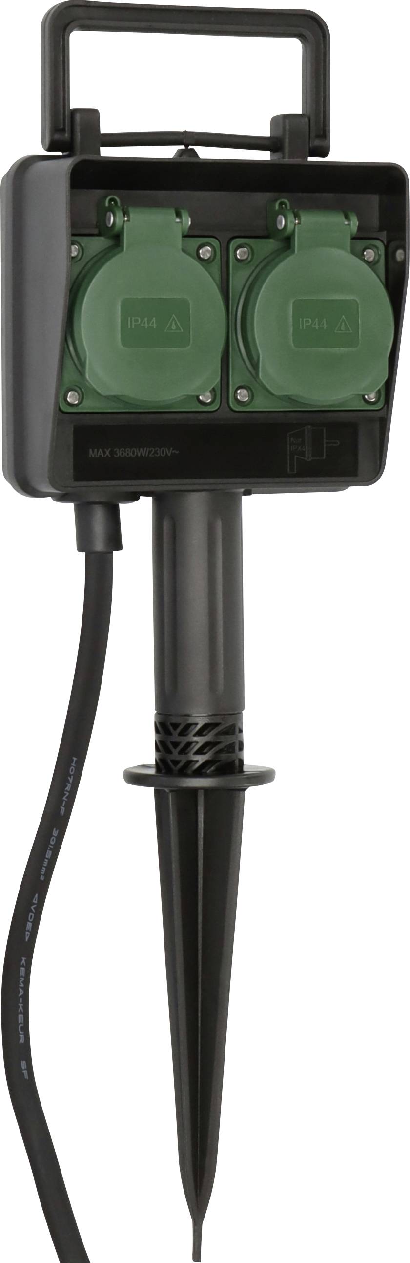 Tragbares Dual-Außenstromverteilersystem mit Griff und Erdungspfahl, gezeigt mit zwei abgedeckten Steckdosen und angeschlossenem Kabel.