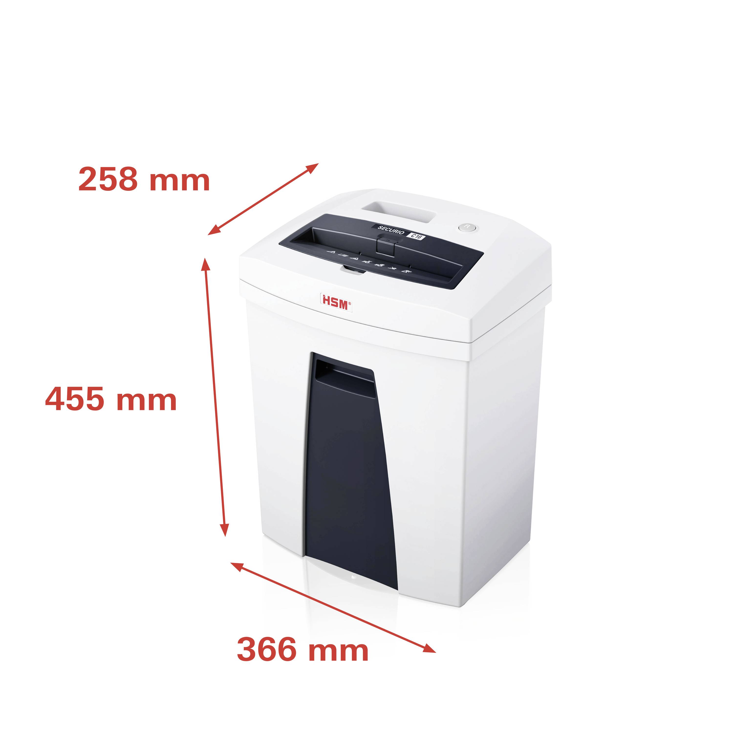 Kompakter Aktenvernichter mit den Maßen 258 mm x 366 mm x 455 mm. Ideal zur sicheren Entsorgung von Dokumenten im Büro.