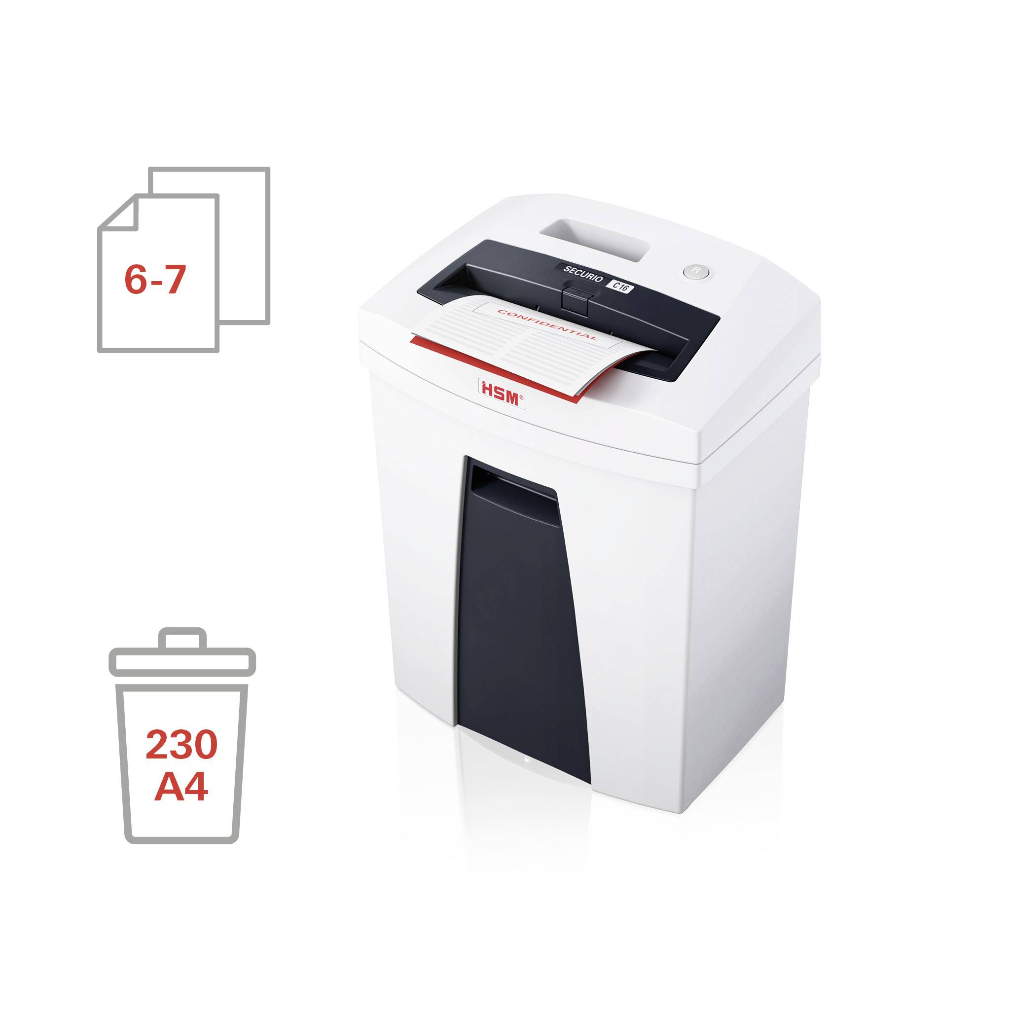 Papier-Schredder mit eingezogenem Blatt, zeigt Kapazität '6-7' Blätter und '230 A4' Blätter Fassungsvermögen im Mülleimer-Symbol.