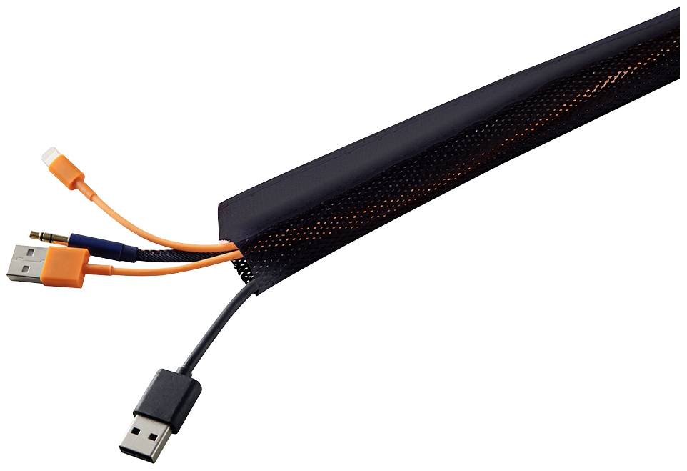 Mehrere Kabel, darunter USB und Audiokabel, verlaufen in einer schwarzen Kabelschlauchhülle.