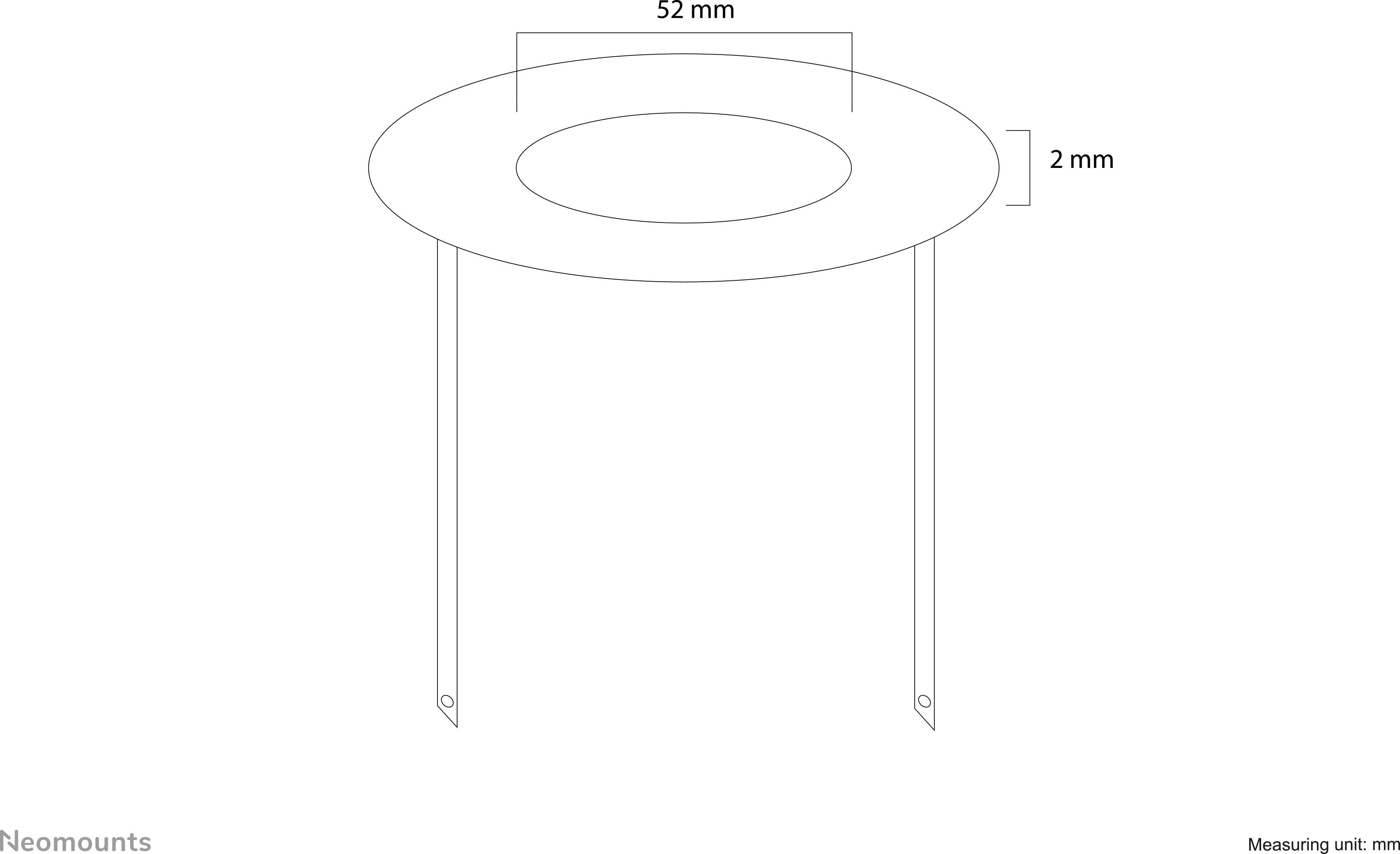 Diagramm eines runden Objekts mit einem Durchmesser von 52 mm und einer Höhe von 2 mm. Es hat zwei längliche Halterungen.