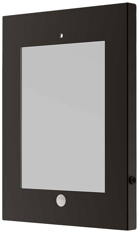 Ein schwarzer, rechteckiger Rahmen mit spiegelnder Oberfläche und runder Taste unten. Geeignet als digitaler Bilderrahmen.