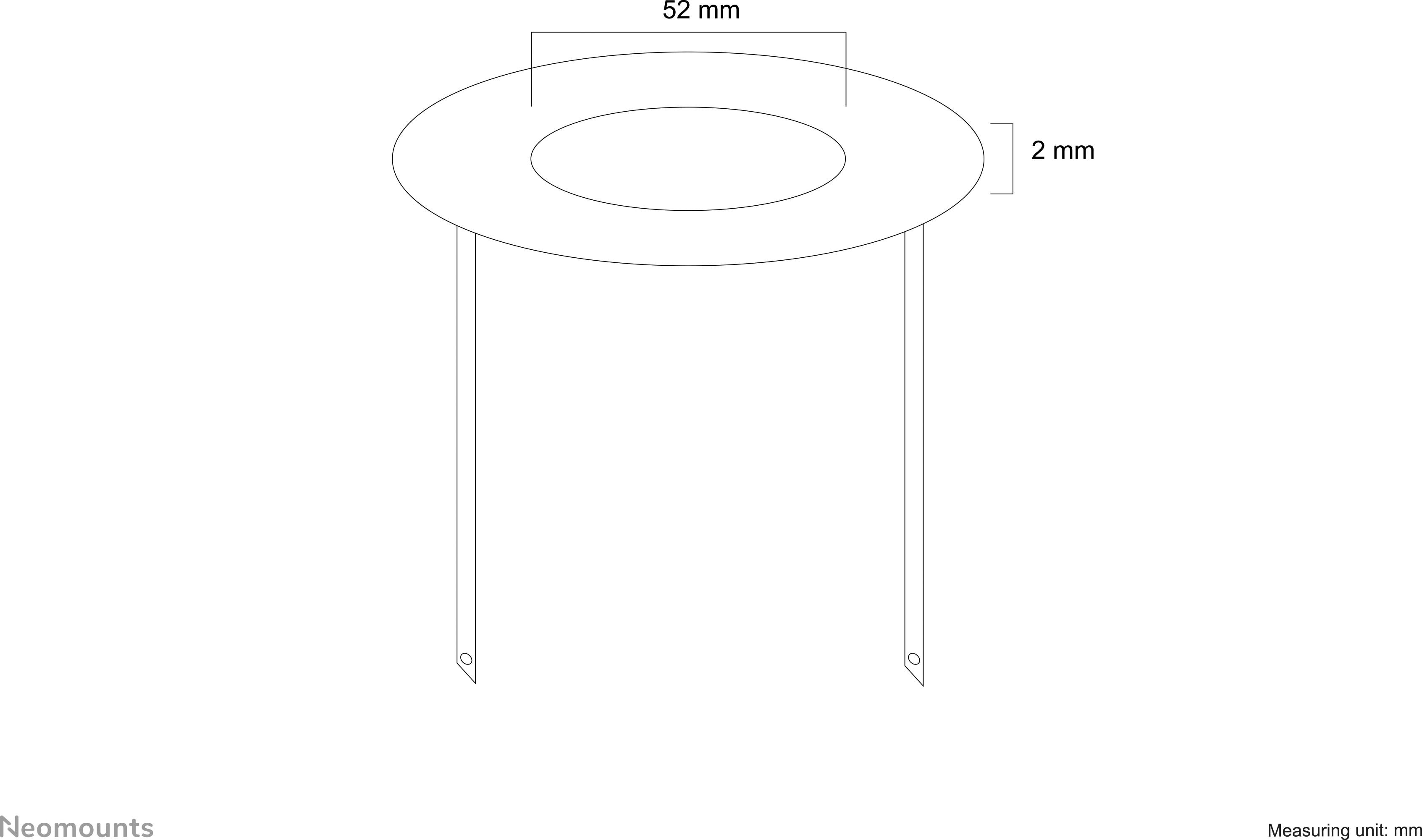 Technische Zeichnung eines kreisförmigen Metallrings mit einem Innendurchmesser von 52 mm und einer Dicke von 2 mm, unterstützt von drei Stangen.