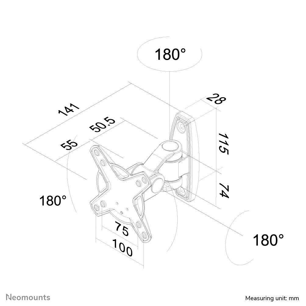 Technische Zeichnung einer flexiblen Monitorhalterung mit Maßangaben. Mehrere Gelenke ermöglichen eine volle Rotation von bis zu 180 Grad.