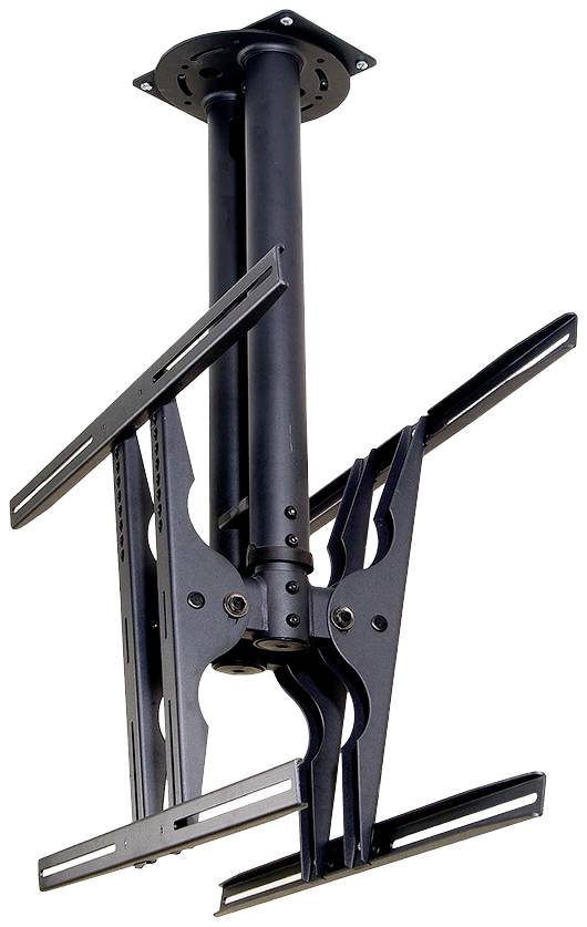 Schwarze Deckenhalterung für Fernseher, mit verstellbaren Armen, für flexible Positionierung und Neigungseinstellung.