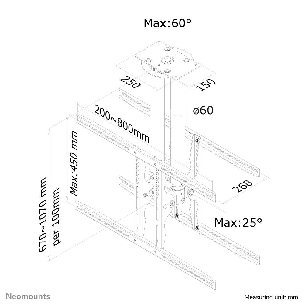 Halterungsschema: Verstellbare Deckenhalterung mit max. Neigung 60° und 25°, Höhenbereich 610–1070 mm, Maßeinheit: mm.