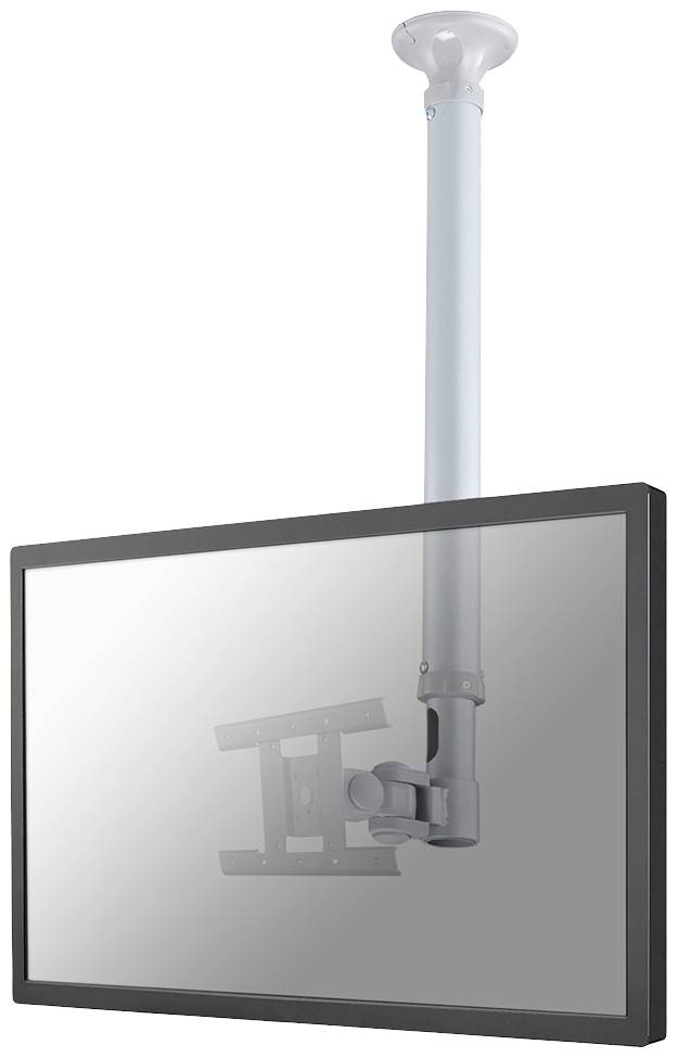Deckenmontierter Monitorhalter mit geneigtem Bildschirm, anpassbare Höhe. Geeignet für Büros oder Konferenzräume.