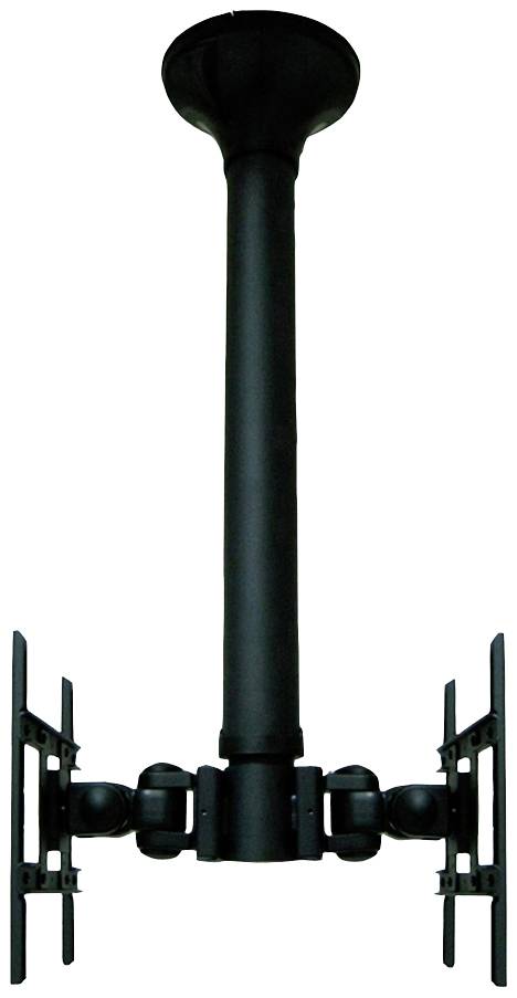 Eine schwarze Deckenhalterung für zwei Monitore mit verstellbaren Armen, die nach unten hängt. Ideal für Büroumgebungen.