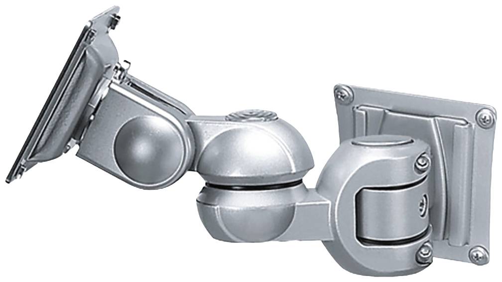 Metallischer, verstellbarer Monitorarm mit mehreren Gelenken zur Befestigung an einer Wand oder einem Tisch.