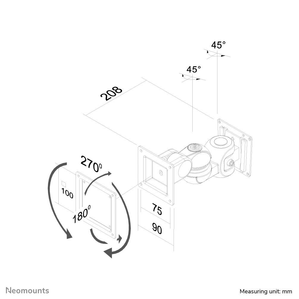 Technische Zeichnung einer Monitorhalterung mit 270°-Drehung, 180°-Verstellbarkeit und 45°-Neigbarkeit. Maße: 208 mm lang.