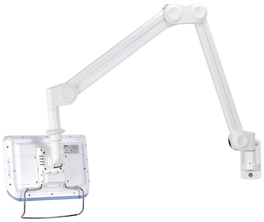 Ein weißer verstellbarer Monitorarm mit Gelenken. Entwickelt zur Befestigung an einem Bildschirm und ermöglicht flexible Positionierung.