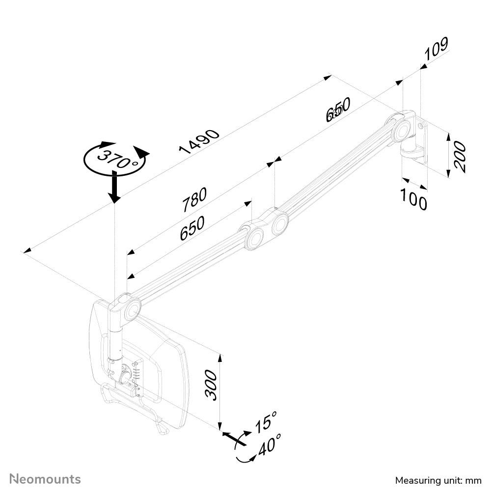 Verstellbarer Monitorarm mit max. Länge 1490 mm, Winkelbereich von -15° bis 40°, Drehbereich bis 370°, Maße in mm angegeben.