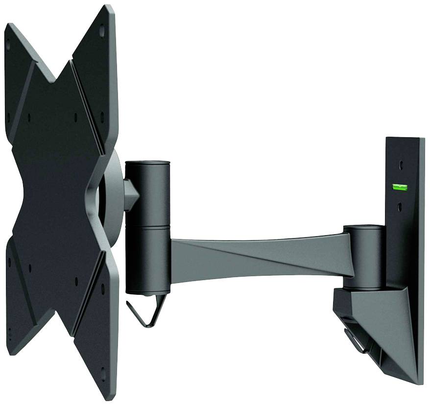 Schwenkbare TV-Wandhalterung aus Metall mit X-förmiger Platte, seitlich ausgefahren und an der Wand montiert, geeignet für Flachbildfernseher.