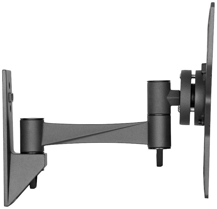 Ein schwarzer Wandhalterung für Monitore oder Fernseher, seitliche Ansicht. Gelenkarm ermöglicht Beweglichkeit und Anpassung des Bildschirms.