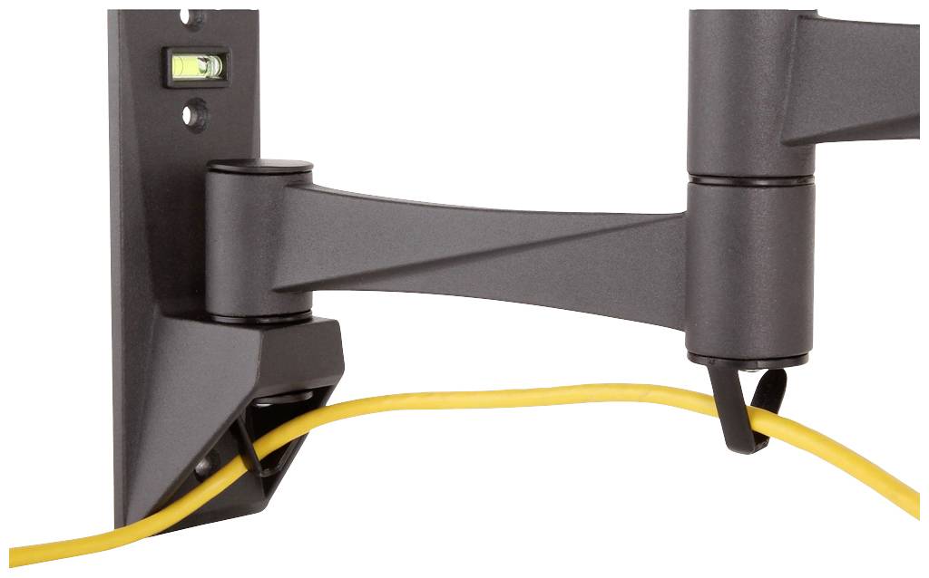 Eine schwarze Wandhalterung für Bildschirme mit integriertem Kabelmanagement hält ein gelbes Kabel.