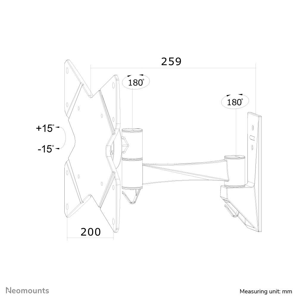 Diagramm einer Wandhalterung mit Arm. Maße: 259 mm Breite, 200 mm Tiefe. Schwenkbar um 180 Grad, neigbar um +15/-15 Grad.