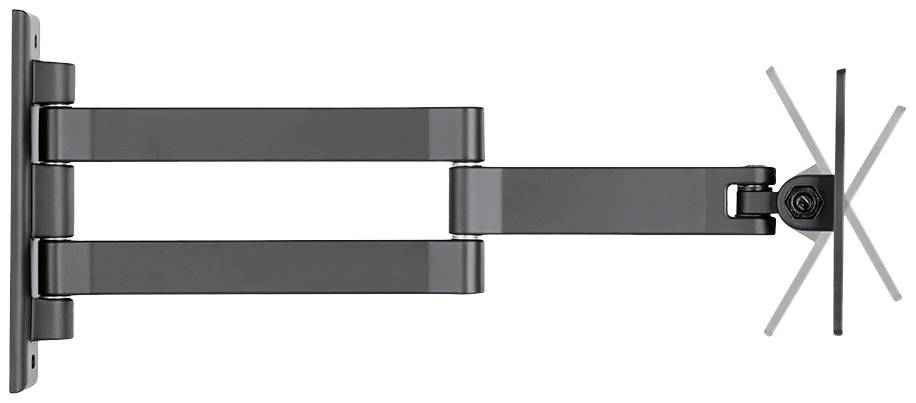 Schwenkbare TV-Wandhalterung aus Metall mit zwei Gelenkarmen. Sie ermöglicht flexible Positionierung des Fernsehers an der Wand.