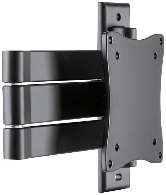 Schwarze TV-Wandhalterung mit beweglichem Arm und mehreren Schraubenlöchern zur Befestigung an Wand und Fernseher.