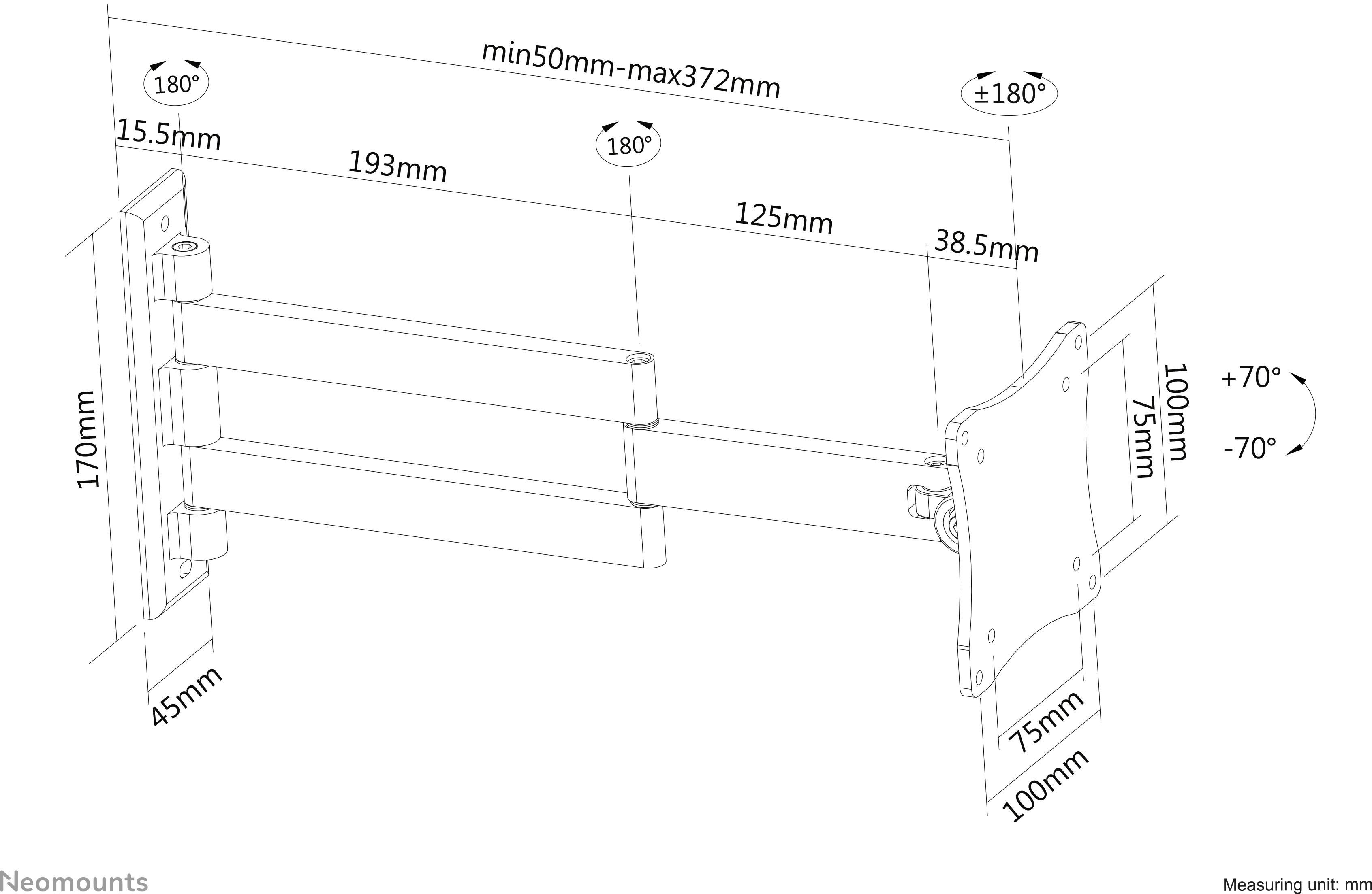 Technische Zeichnung einer neigbaren und schwenkbaren TV-Halterung. Maße: Wandplatte 170mm x 45mm, Abstand max. 372mm. VESA: 75/100mm.