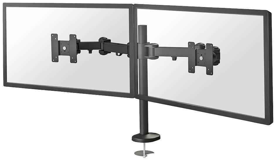 Zwei nebeneinander montierte Computermonitore an einem Schwenkarm. Jeder Monitor ist dreh- und neigbar, ideal für ergonomisches Arbeiten.