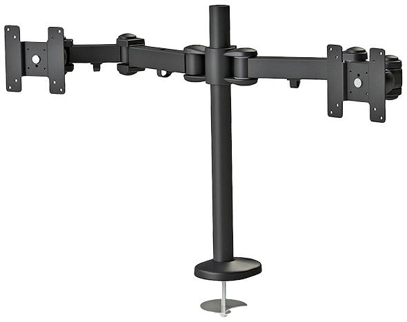 Zweiarmiger Monitorhalter in Schwarz, geeignet für zwei Bildschirme, ermöglicht flexible Ausrichtung und Höhenverstellung.