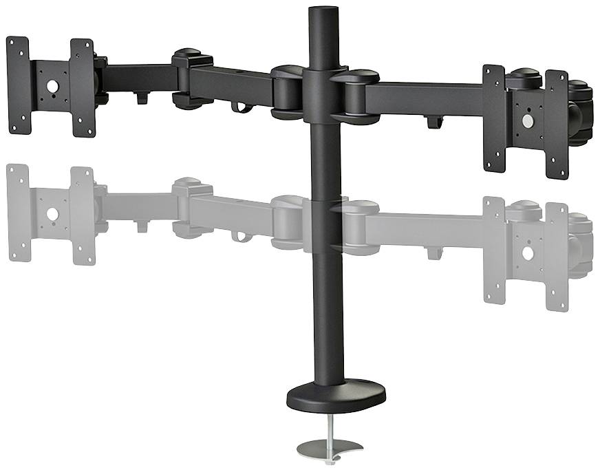 Ein schwarzer Dual-Monitor-Arm mit zwei beweglichen Halterungen. Eine Halterung ist vollständig sichtbar, die andere verblasst im Hintergrund.