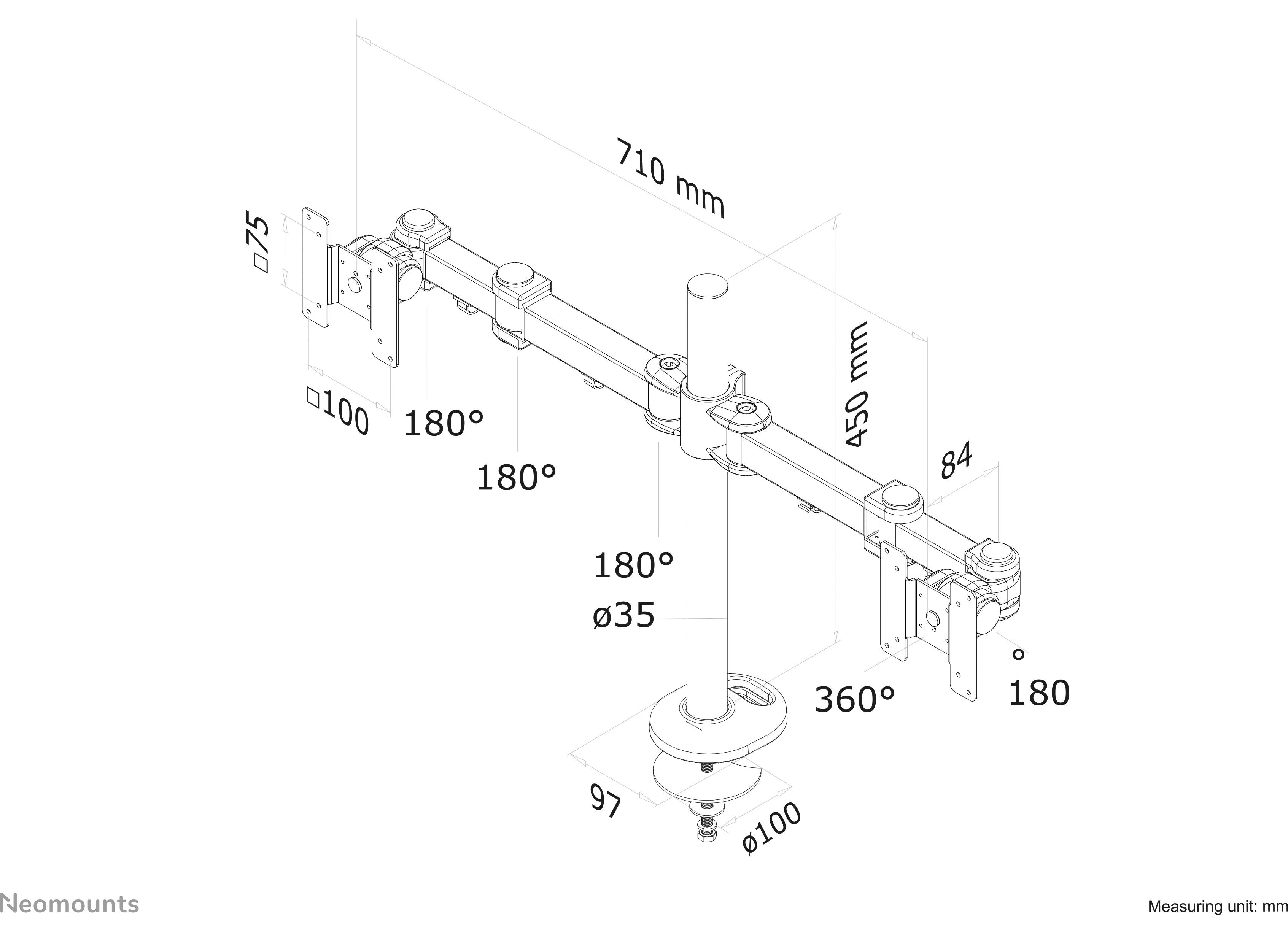 Technische Zeichnung einer Monitorhalterung mit Abmessungen: Gesamtbreite 710 mm, Höhe 450 mm, Neigungswinkel 180° und 360° Schwenkbarkeit.