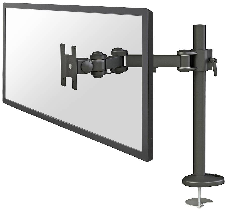 Schwenkbarer Monitorarm in Schwarz, der an einem Tisch befestigt ist. Er hält einen Monitor und ermöglicht flexible Positionierung.