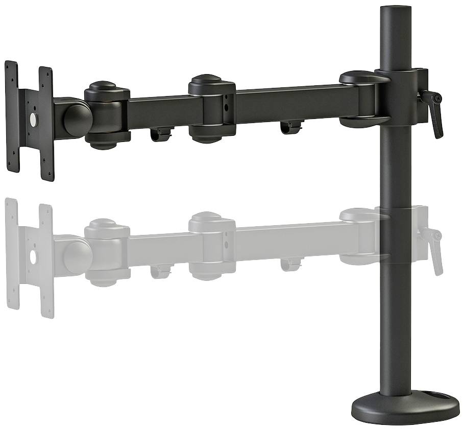 Ein verstellbarer Monitorarm in schwarz, montiert auf einem Ständer mit zwei horizontalen Armen, die Positionen flexibel ändern können.