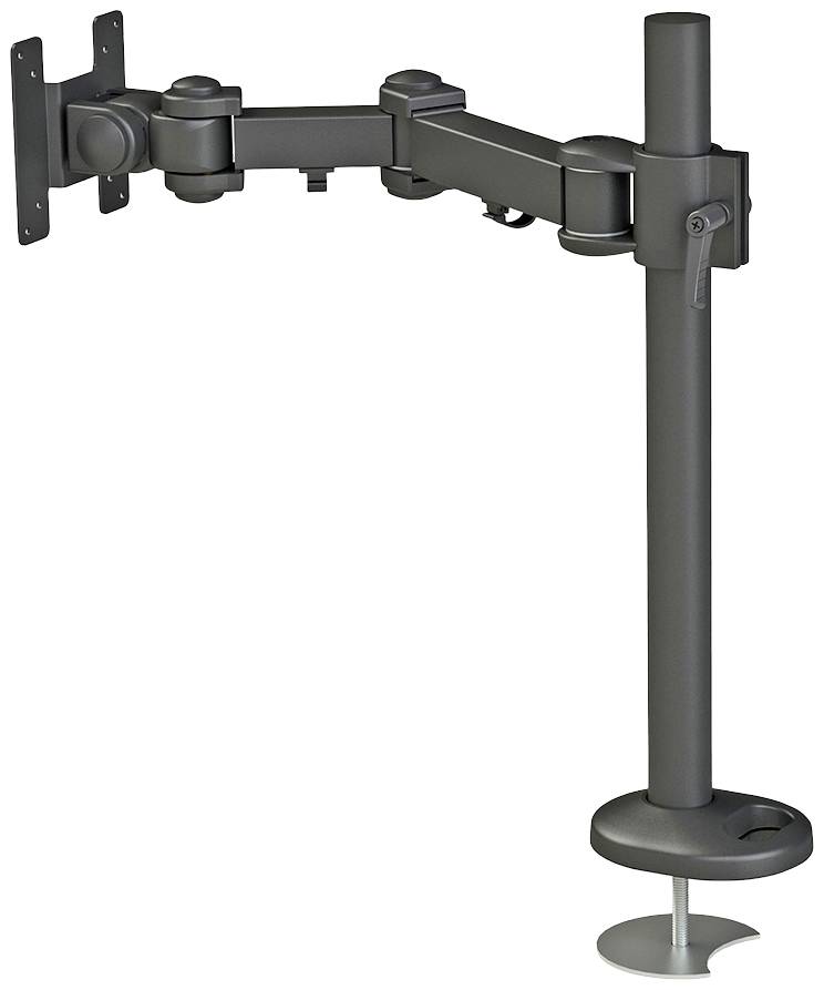 Flexibler Monitorarm aus Metall, befestigt auf einem Schreibtisch. Verstellbar in Höhe und Winkel, zur ergonomischen Anpassung eines Monitors.