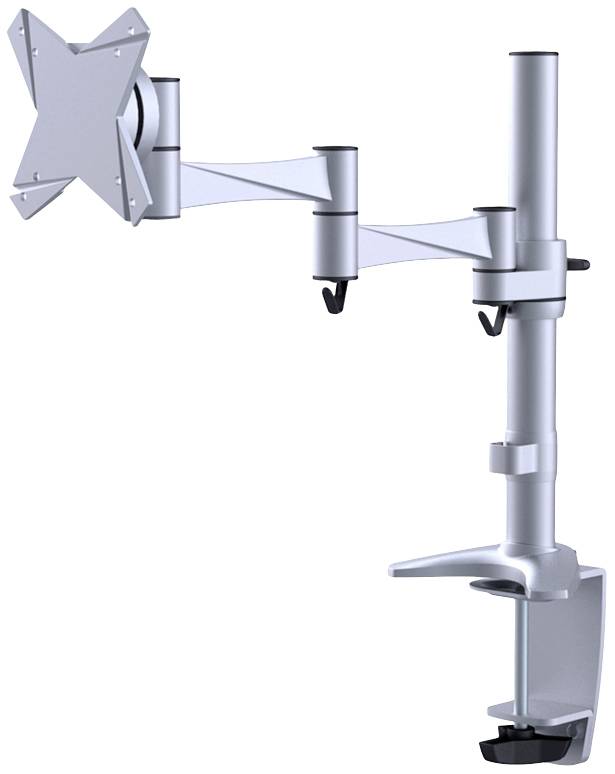 Ein silberner, höhenverstellbarer Monitorhalter mit schwenkbarem Arm, befestigt an einer Tischkante, für ergonomisches Arbeiten.
