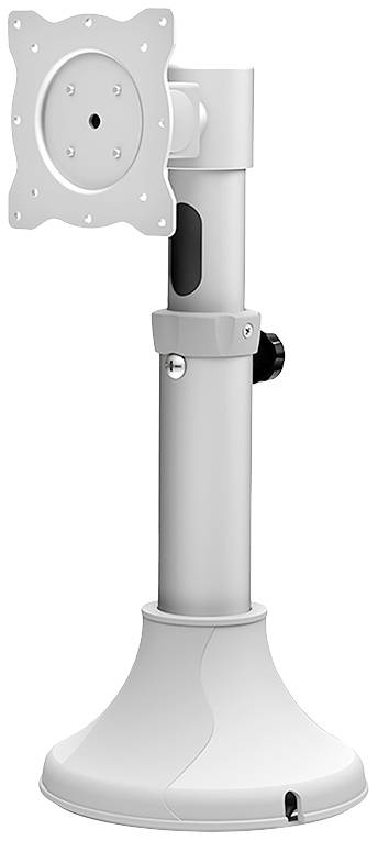 Ein weißer, drehbarer Monitorständer mit runder Basis, geeignet zur Einstellung der Monitorhöhe und -neigung.