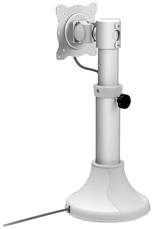 Ein silberfarbener Monitorständer mit verstellbarer Höhe und kippbarem Halterungsarm. Ideal zur ergonomischen Bildschirmplatzierung.