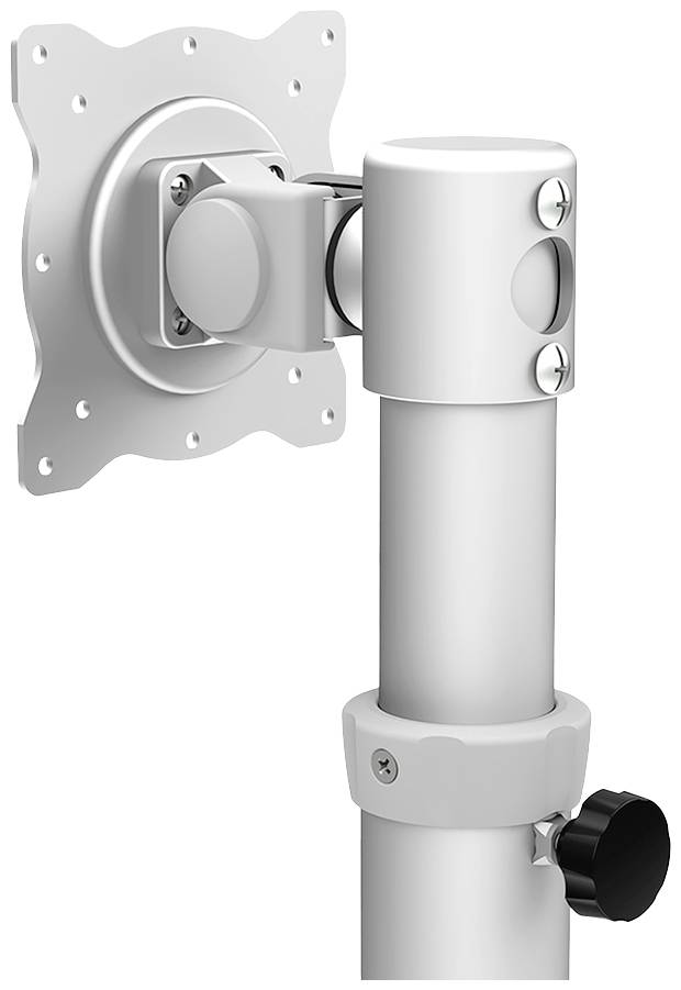 Ein silbergrauer Monitorhalter aus Metall mit Drehgelenk, montierbar an einem Schreibtisch oder einer Wand für flexible Bildschirmpositionierung.