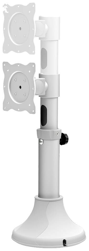 Doppelter Monitorständer aus Metall mit zwei schwenkbaren Halterungen für Bildschirme, befestigt an einer stabilen Basis.