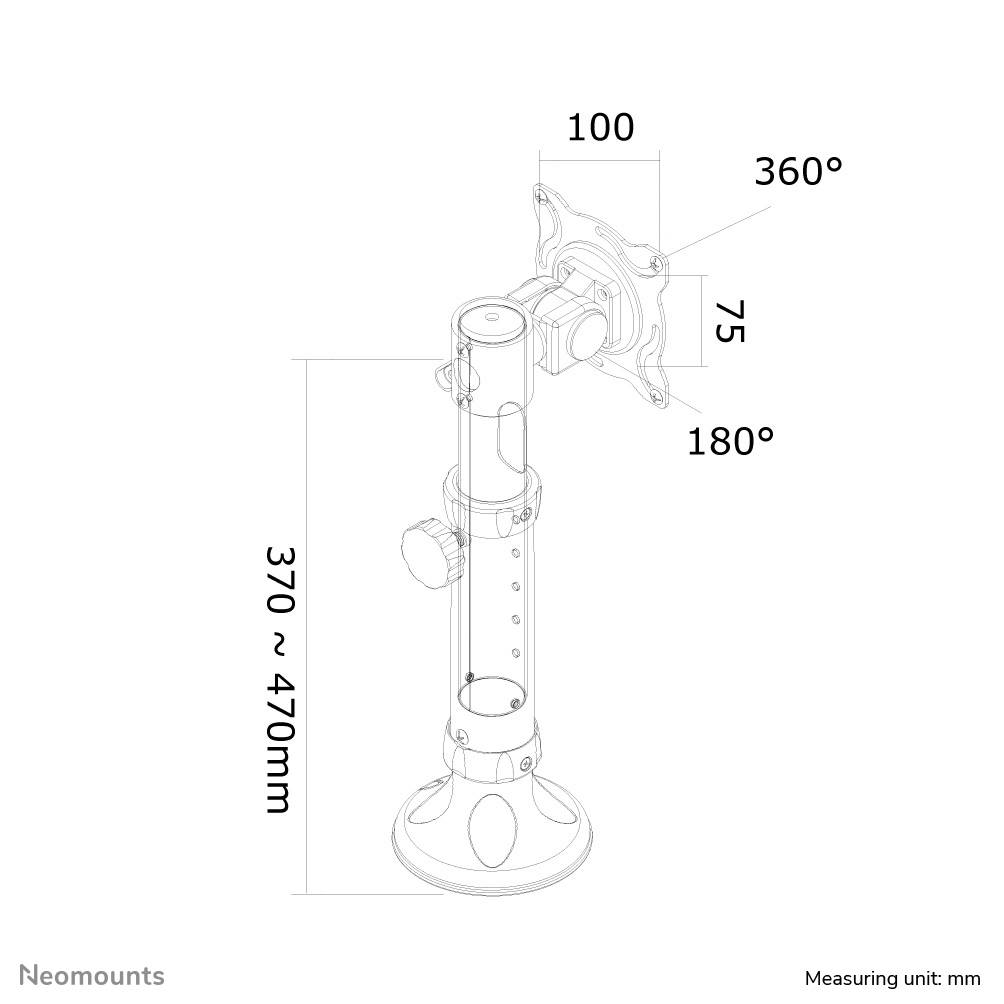Befestigungshalterung: Höhenverstellbar 370-470mm, Drehwinkel 100°, Neigungswinkel 75°, Schwenkbereich 360°. Maßeinheit: mm.