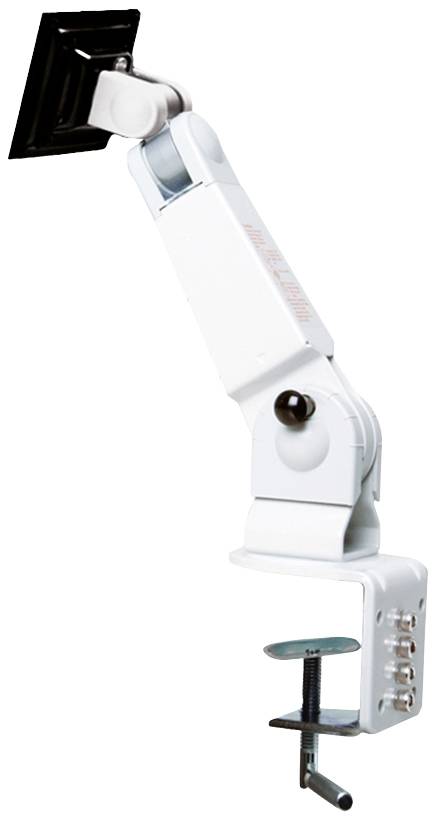 Ein weißer, verstellbarer Monitorarm mit Klemme zur Befestigung an einem Schreibtisch. Ideal für ergonomische Bildschirmplatzierung.