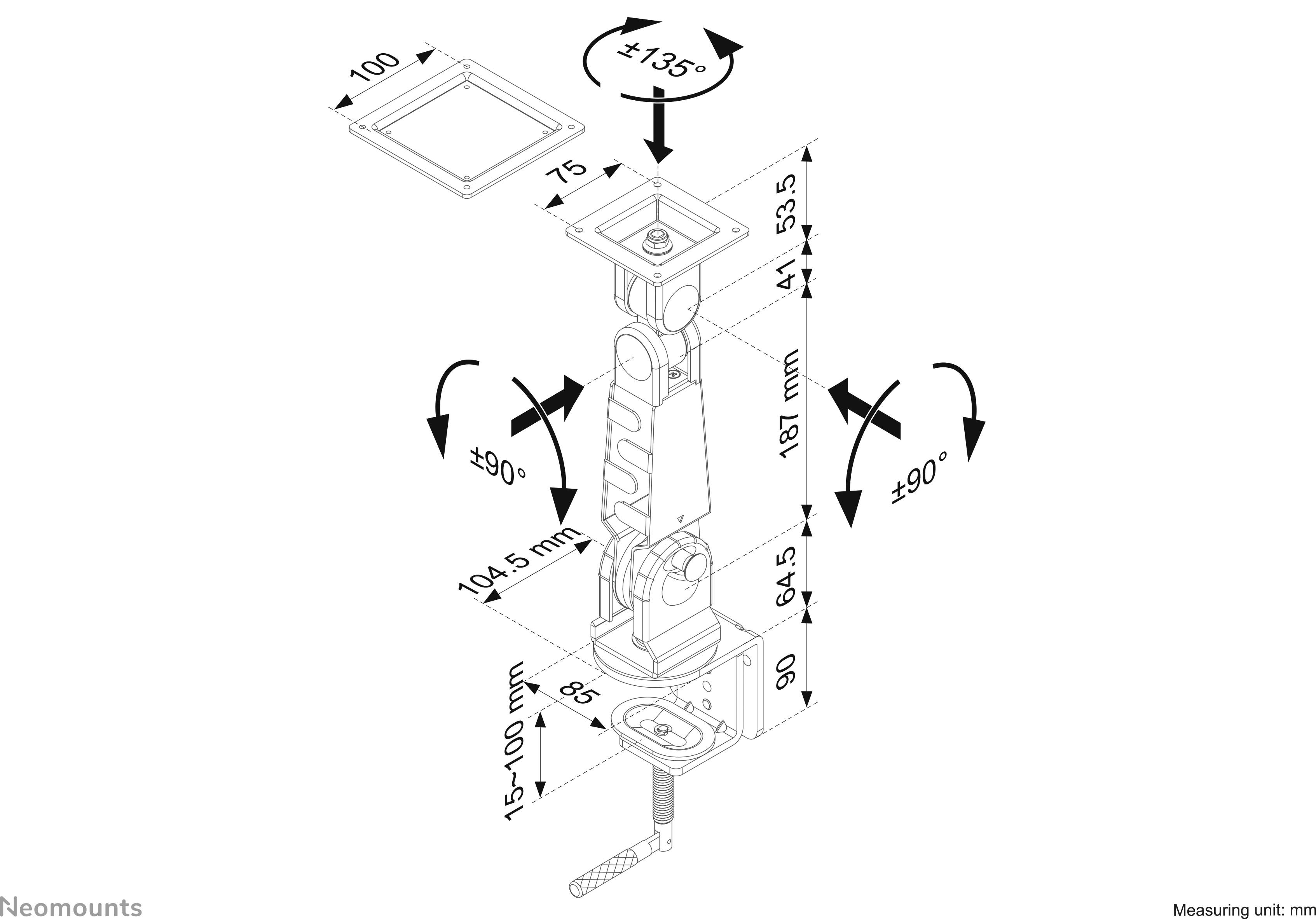 Die Abbildung zeigt eine Montageanleitung für eine Monitorhalterung mit Winkeleinstellungen und Maßangaben in Millimetern.