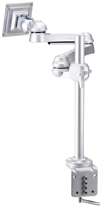 Verstellbarer silberner Monitorarm mit mehreren Gelenken zur Befestigung an einem Tischrand. Ideal zur ergonomischen Monitoreinstellung.