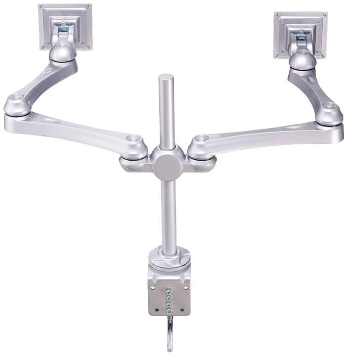 Monitorhalterung mit zwei verstellbaren Armen aus Metall. Geeignet für die gleichzeitige Befestigung von zwei Monitoren an einem Schreibtisch.