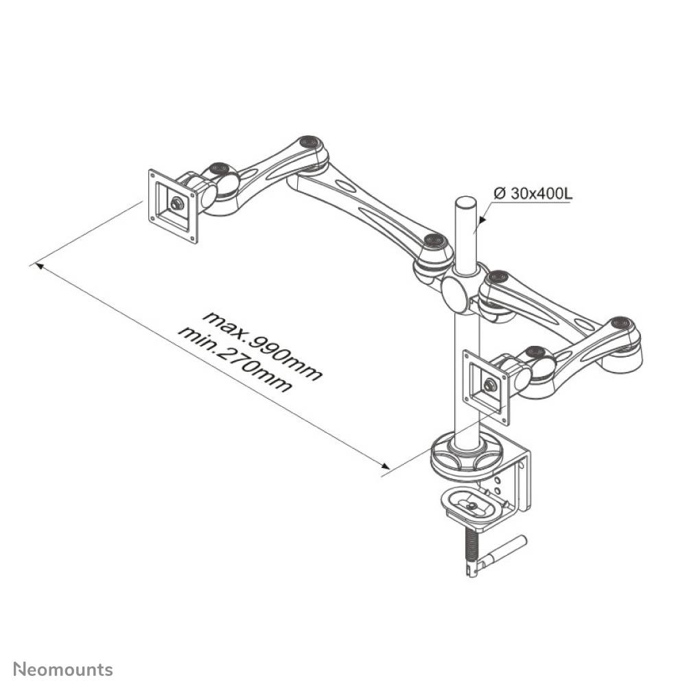 Technische Zeichnung eines verstellbaren Monitorarms mit zwei Auslegern; maximale Länge 990 mm, minimale Länge 270 mm.