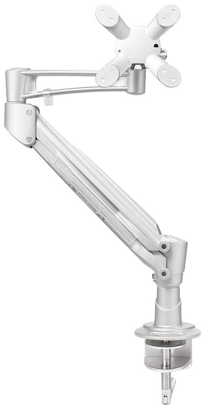 Ein silberner, einstellbarer Monitorarm zur Tischmontage mit mehreren Gelenken zur flexiblen Positionierung eines Monitors.