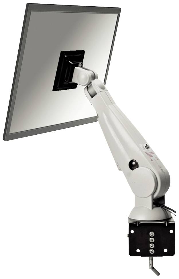 Ein einzelner Monitor mit verstellbarem Arm zeigt nach links. Der Arm ist an einem Tisch oder einer Wandhalterung montiert.